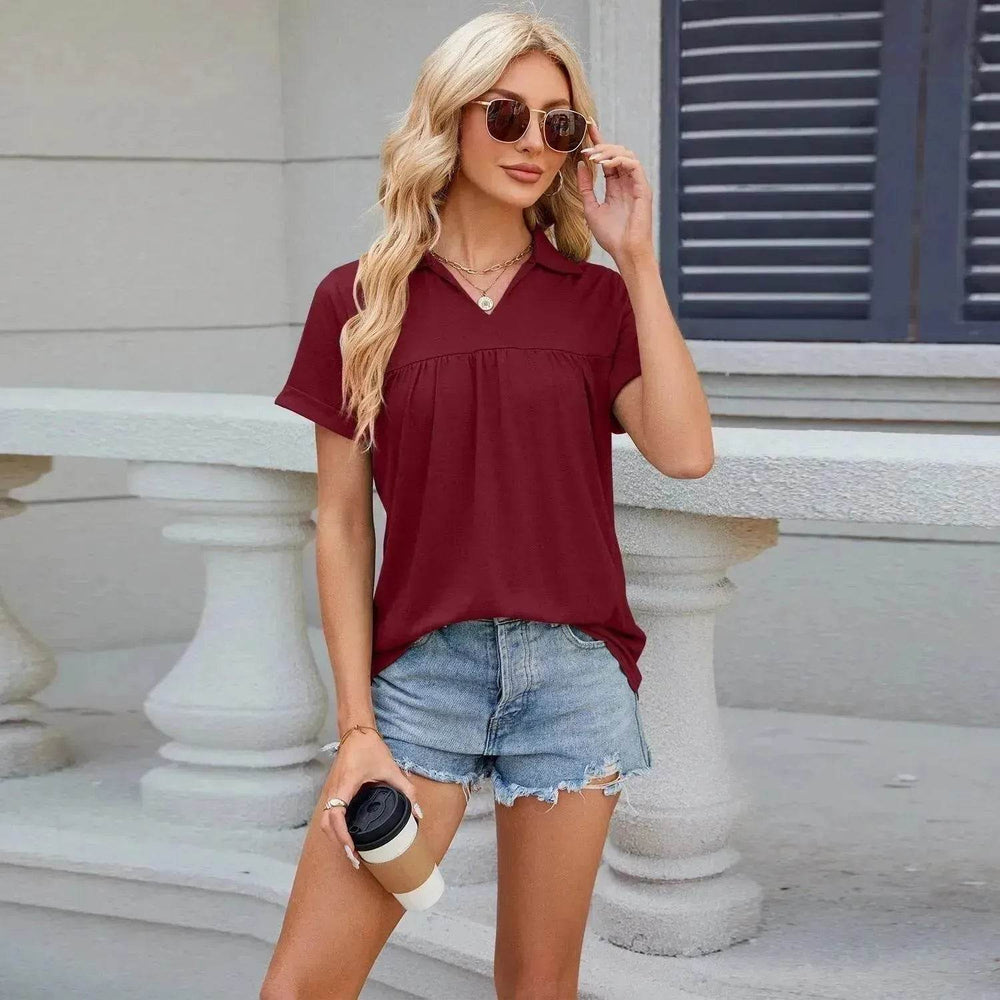 Solid Color V-neck Lapel Short-sleeved Cotton Summer Loose polo shirt Top Women - EX-STOCK Canada