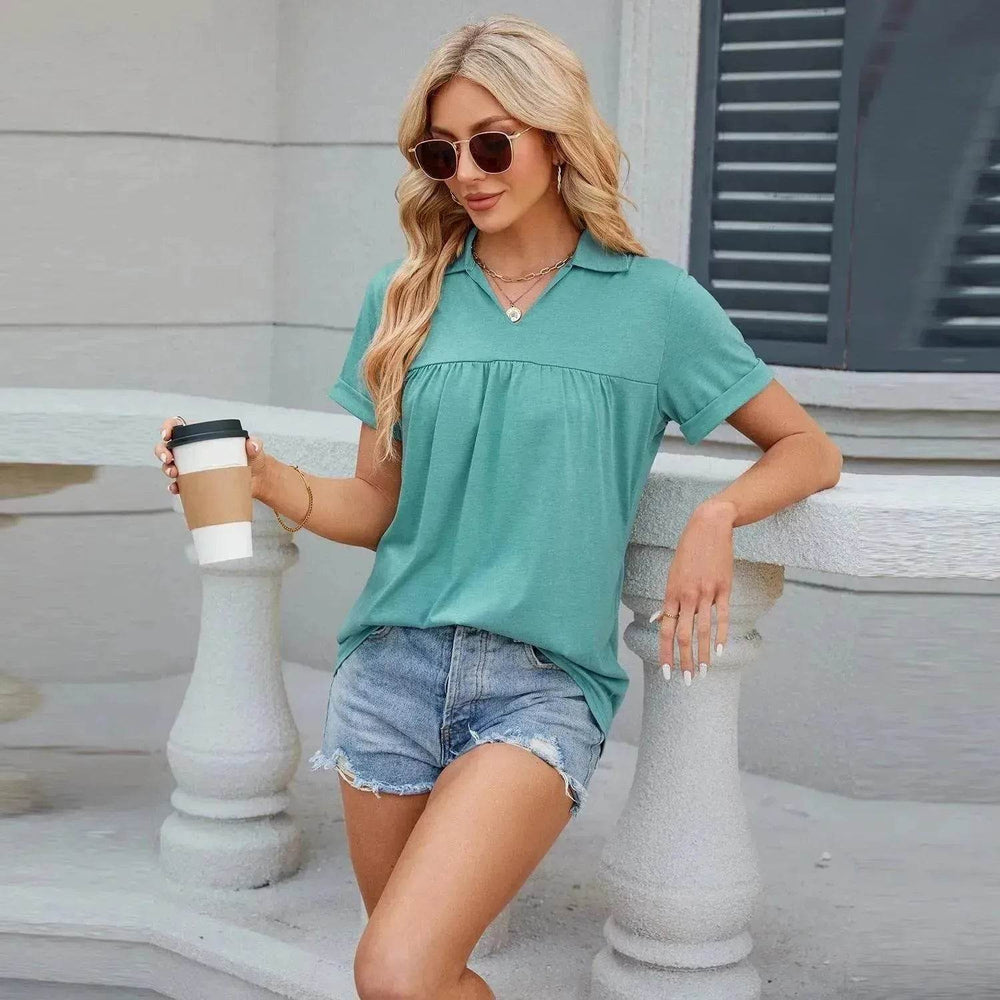 Solid Color V-neck Lapel Short-sleeved Cotton Summer Loose polo shirt Top Women - EX-STOCK Canada