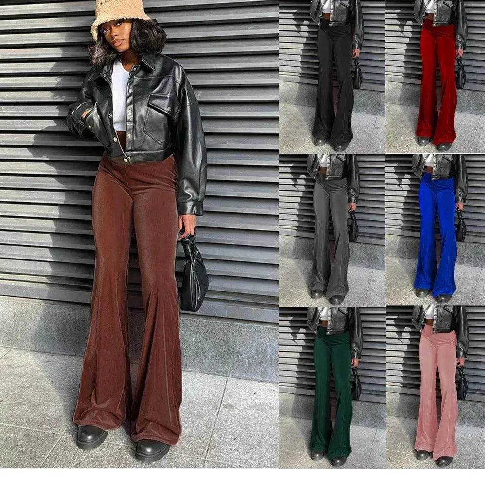 Solid Color Velvet Elastic High Waist Slimming Casual Bootcut Trousers Women - EX-STOCK Canada