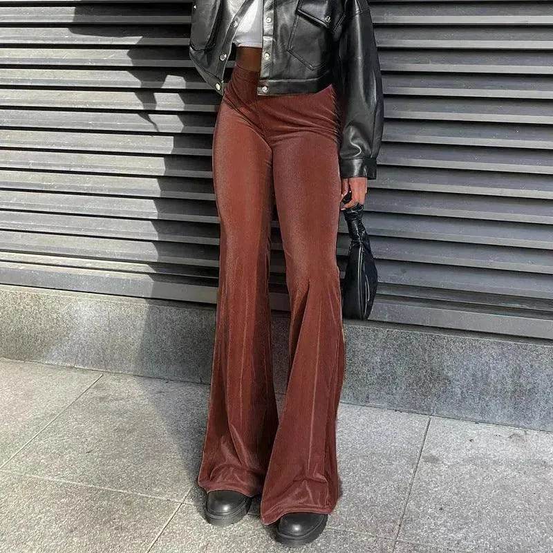 Solid Color Velvet Elastic High Waist Slimming Casual Bootcut Trousers Women - EX-STOCK Canada