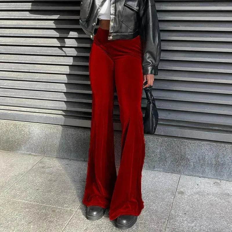 Solid Color Velvet Elastic High Waist Slimming Casual Bootcut Trousers Women - EX-STOCK Canada