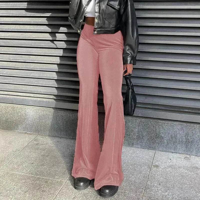Solid Color Velvet Elastic High Waist Slimming Casual Bootcut Trousers Women - EX-STOCK Canada