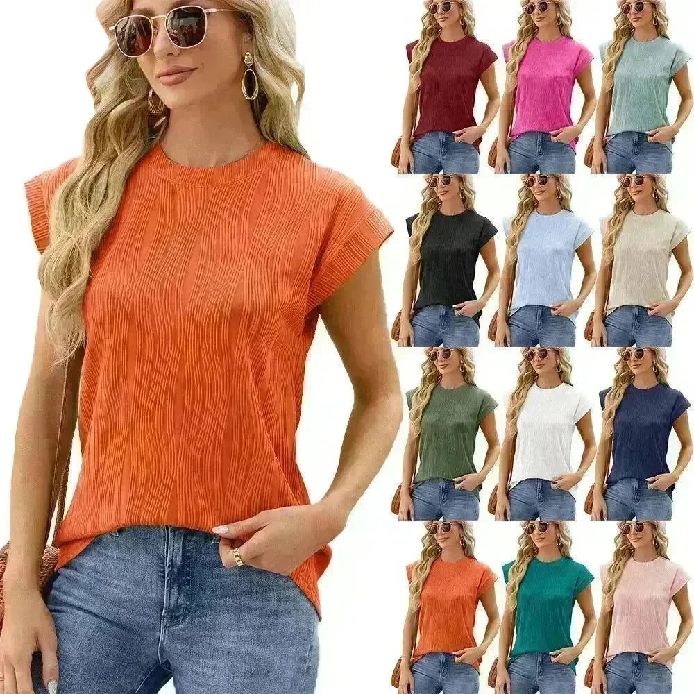 Solid Color Wave Pattern Bat Short sleeve T-shirt Top Summer Loose Vest Casual Cotton Tank Women - EX-STOCK CANADA