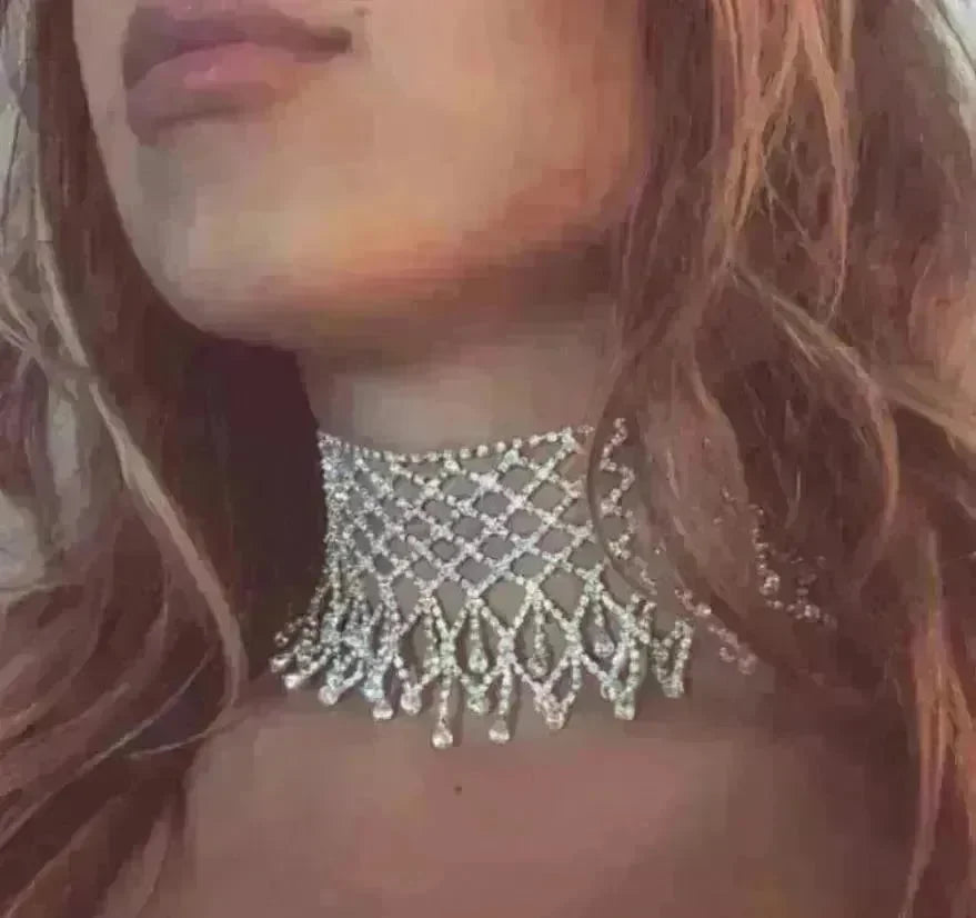Sparling Rhinestone Diamond Fringed Tassel Choker Necklace for Women Bridal Wedding Luxury Necklace - EX-STOCK CANADA