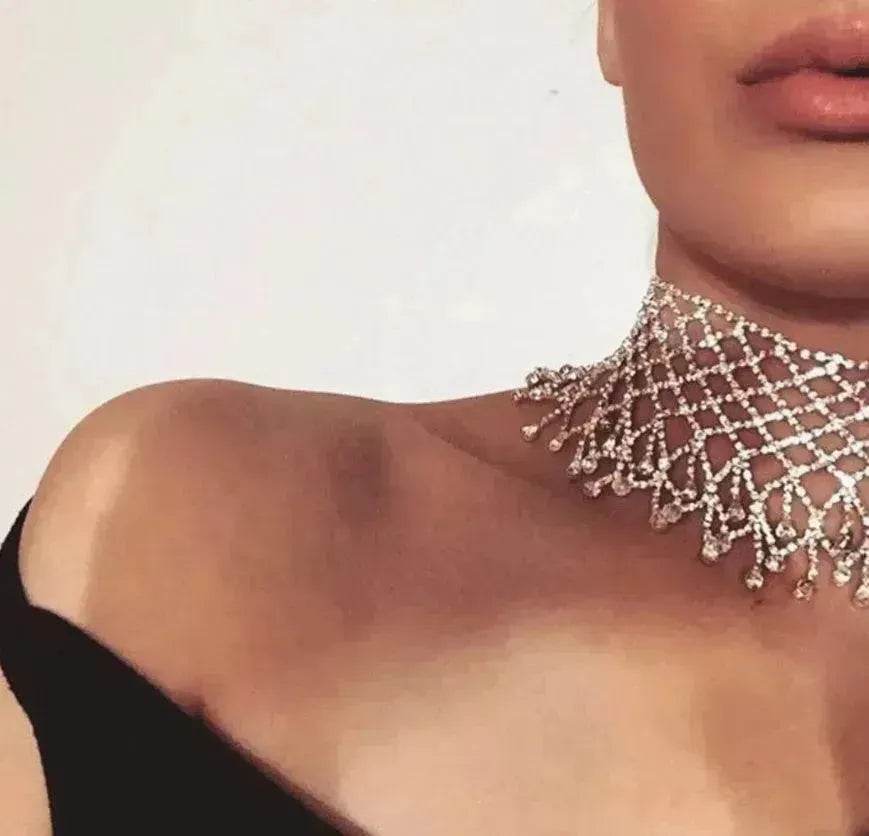 Sparling Rhinestone Diamond Fringed Tassel Choker Necklace for Women Bridal Wedding Luxury Necklace - EX-STOCK Canada