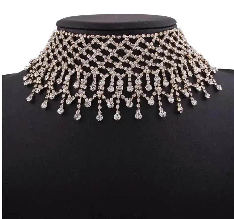 Sparling Rhinestone Diamond Fringed Tassel Choker Necklace for Women Bridal Wedding Luxury Necklace - EX-STOCK Canada