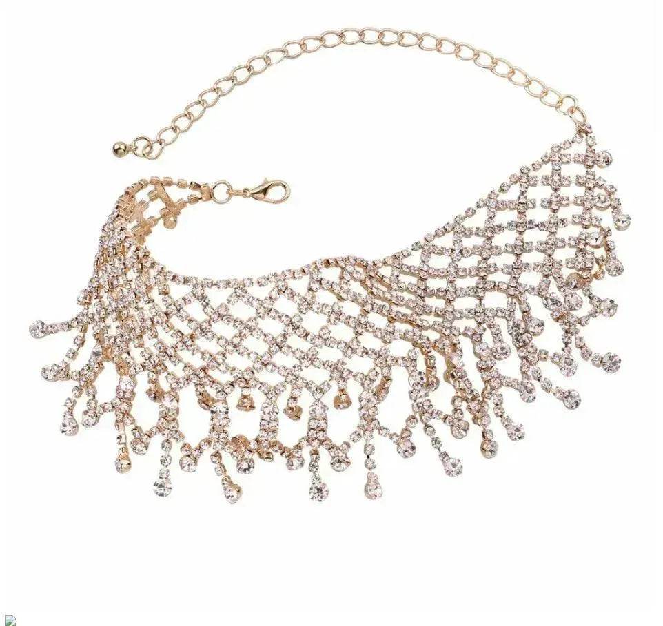 Sparling Rhinestone Diamond Fringed Tassel Choker Necklace for Women Bridal Wedding Luxury Necklace - EX-STOCK Canada