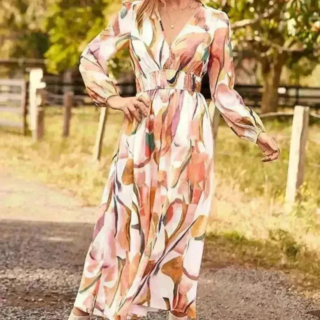 Spring NEW Long Casual Long Sleeve V-neck Printed Beach Long Flowy Dress - EX-STOCK CANADA