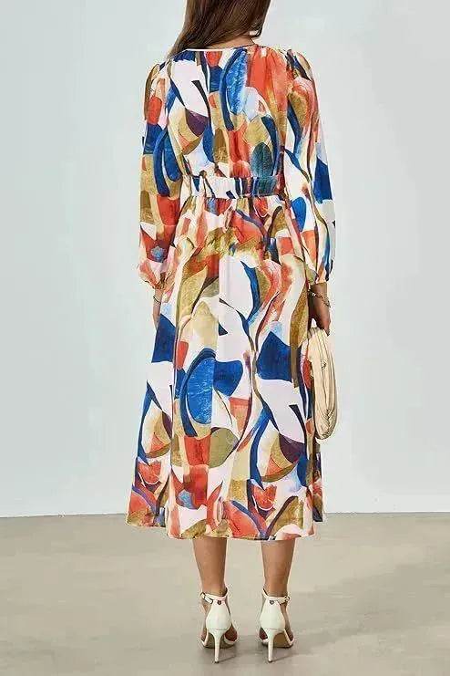 Spring NEW Long Casual Long Sleeve V-neck Printed Beach Long Flowy Dress - EX-STOCK Canada