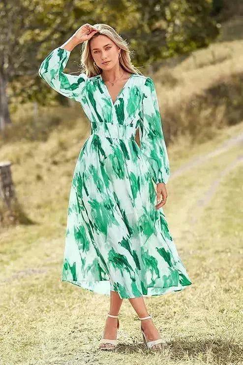 Spring NEW Long Casual Long Sleeve V-neck Printed Beach Long Flowy Dress - EX-STOCK Canada