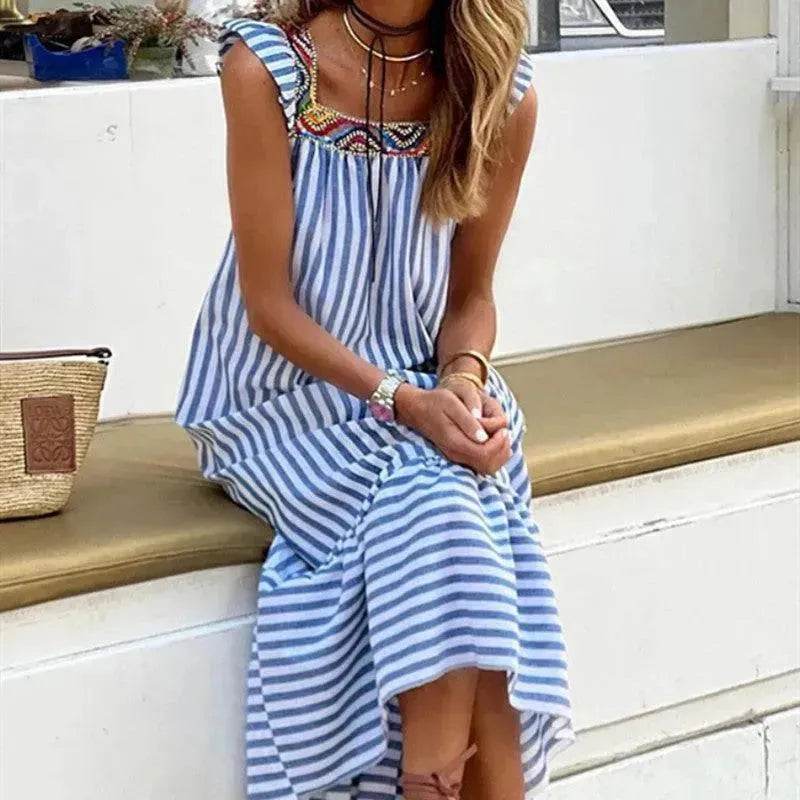 Square Collar Striped Lace-up Dress Mid-length Women - EX-STOCK Canada