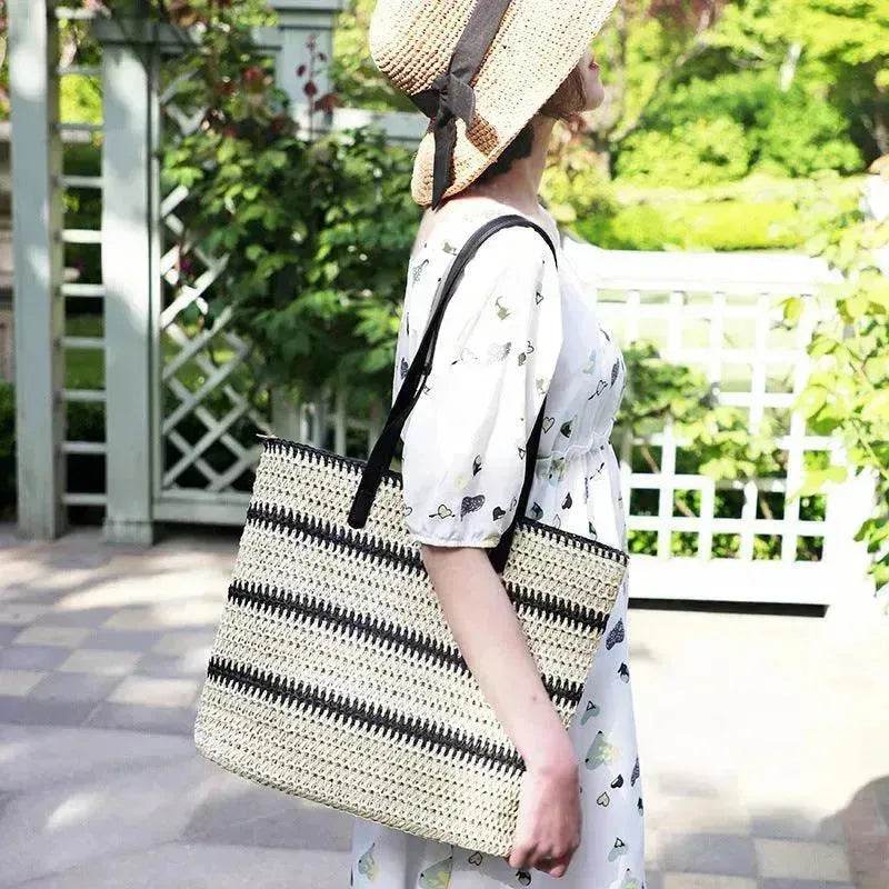 Striped Large Capacity Casual Summer Woven Straw Beach Tote Bag - EX-STOCK Canada