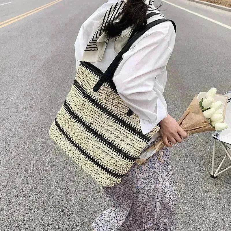 Striped Large Capacity Casual Summer Woven Straw Beach Tote Bag - EX-STOCK Canada