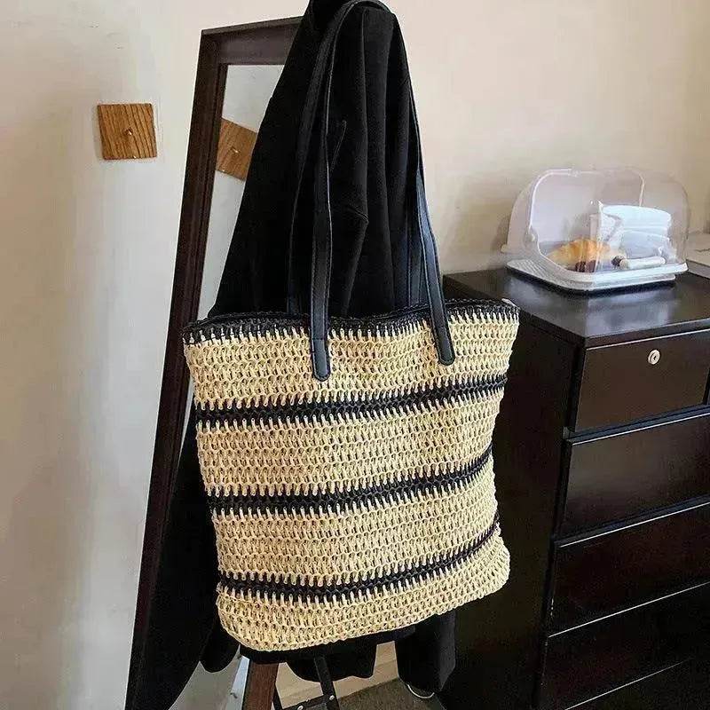 Striped Large Capacity Casual Summer Woven Straw Beach Tote Bag - EX-STOCK Canada
