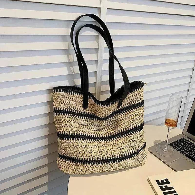 Striped Large Capacity Casual Summer Woven Straw Beach Tote Bag - EX-STOCK Canada