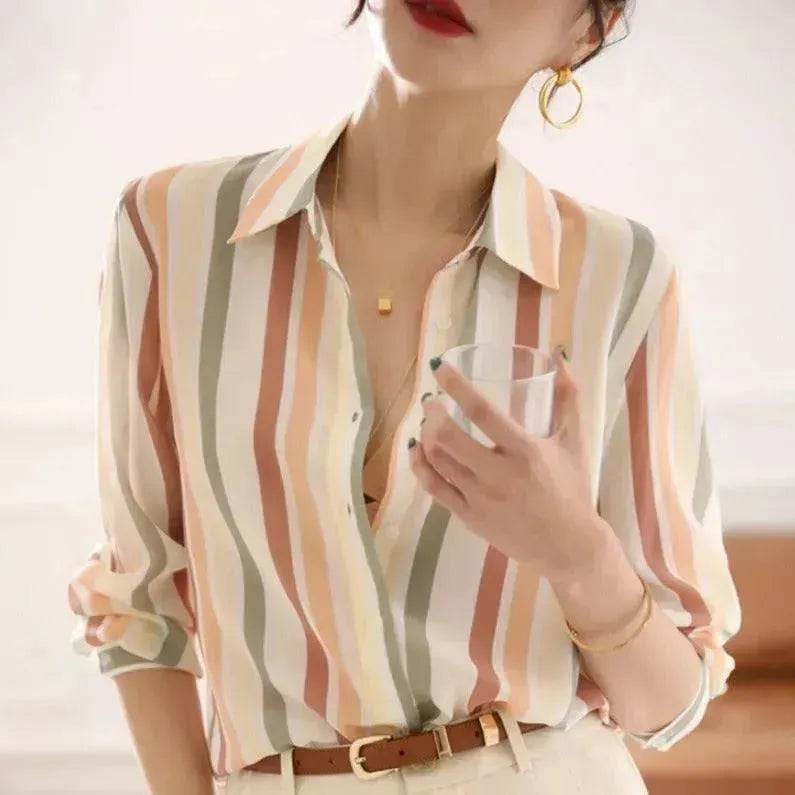 Office Work Striped Shirt Blouse Top For Women - EX-STOCK Canada