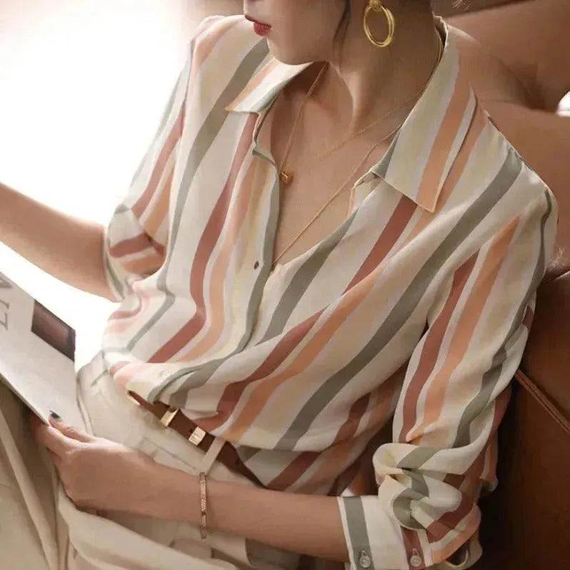 Office Work Striped Shirt Blouse Top For Women - EX-STOCK Canada