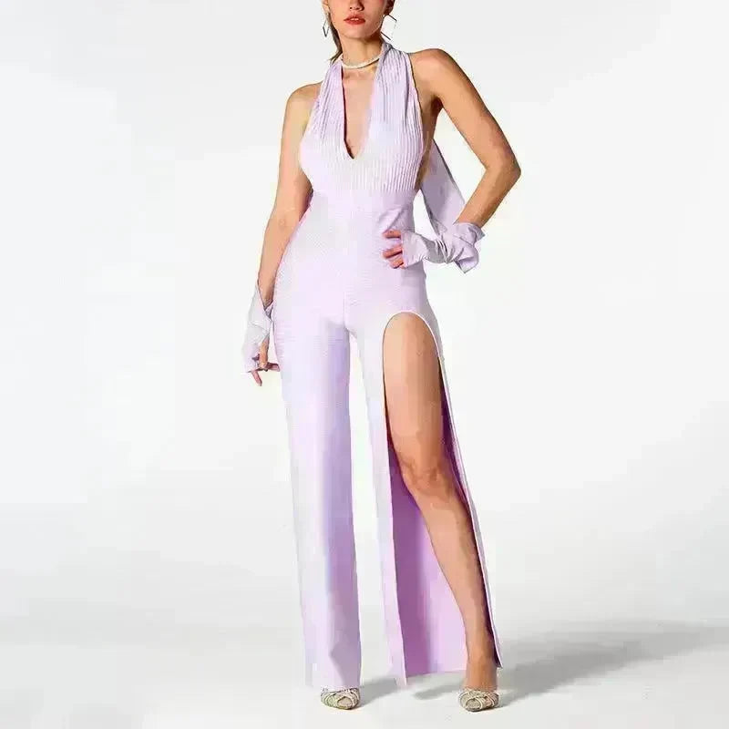 Summer Backless Halter V-neck Slimming Backless Slit Jumpsuit - EX-STOCK CANADA