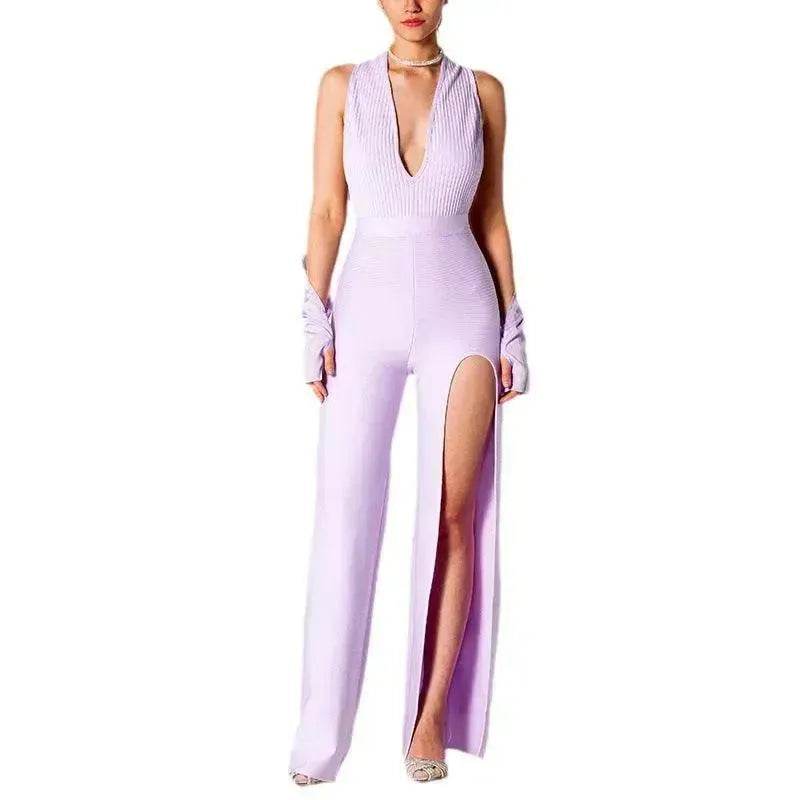 Summer Backless Halter V-neck Slimming Backless Slit Jumpsuit - EX-STOCK Canada