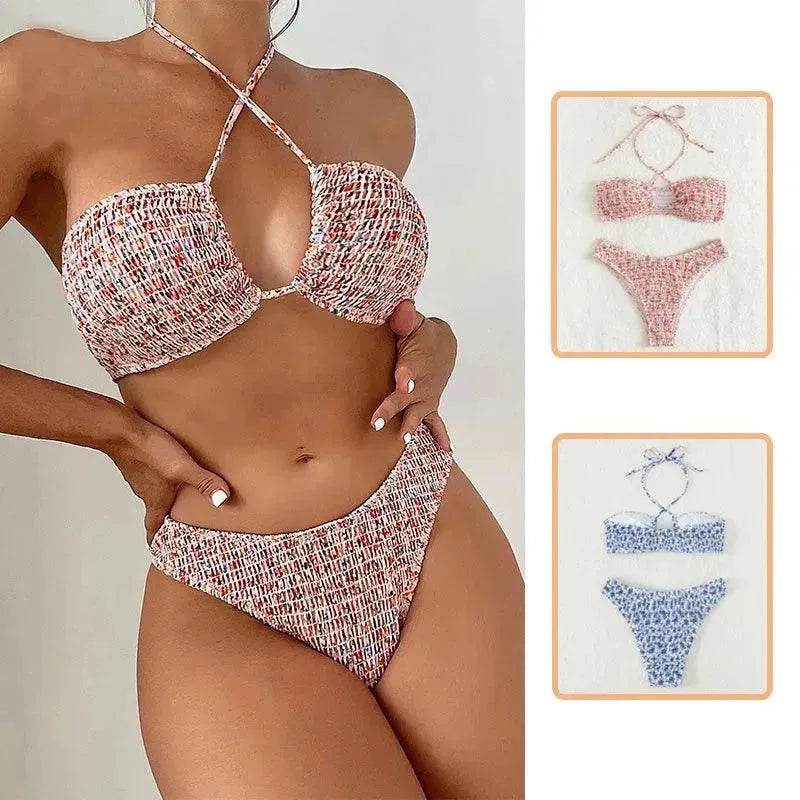 Summer Flowers Print Pleated Design Bikini Set Beach Fashion Halter Neck Swimsuit Womens Clothing - EX-STOCK Canada