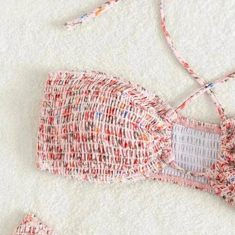 Summer Flowers Print Pleated Design Bikini Set Beach Fashion Halter Neck Swimsuit Womens Clothing - EX-STOCK Canada