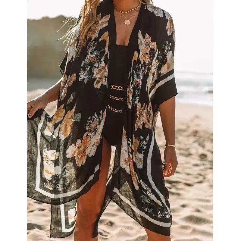 Summer Mid-length Slit Print Loose Beach Cover Sun Protection Shirt - EX-STOCK Canada