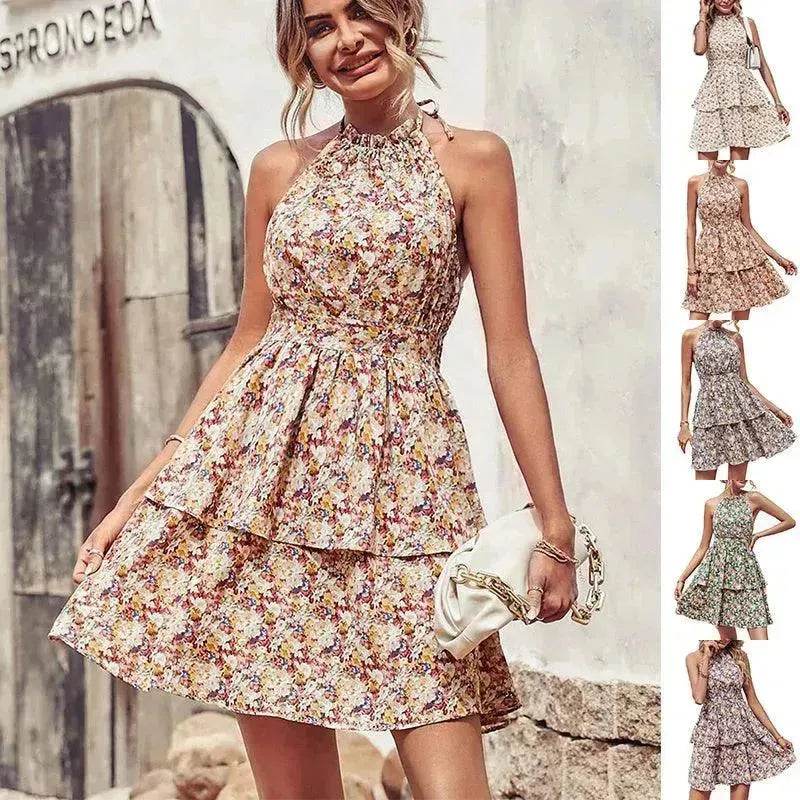 Summer Printed Halter Dress Fashion Boho Backless Ruffled A-Line Beach Dresses For Womens Clothing - EX-STOCK Canada