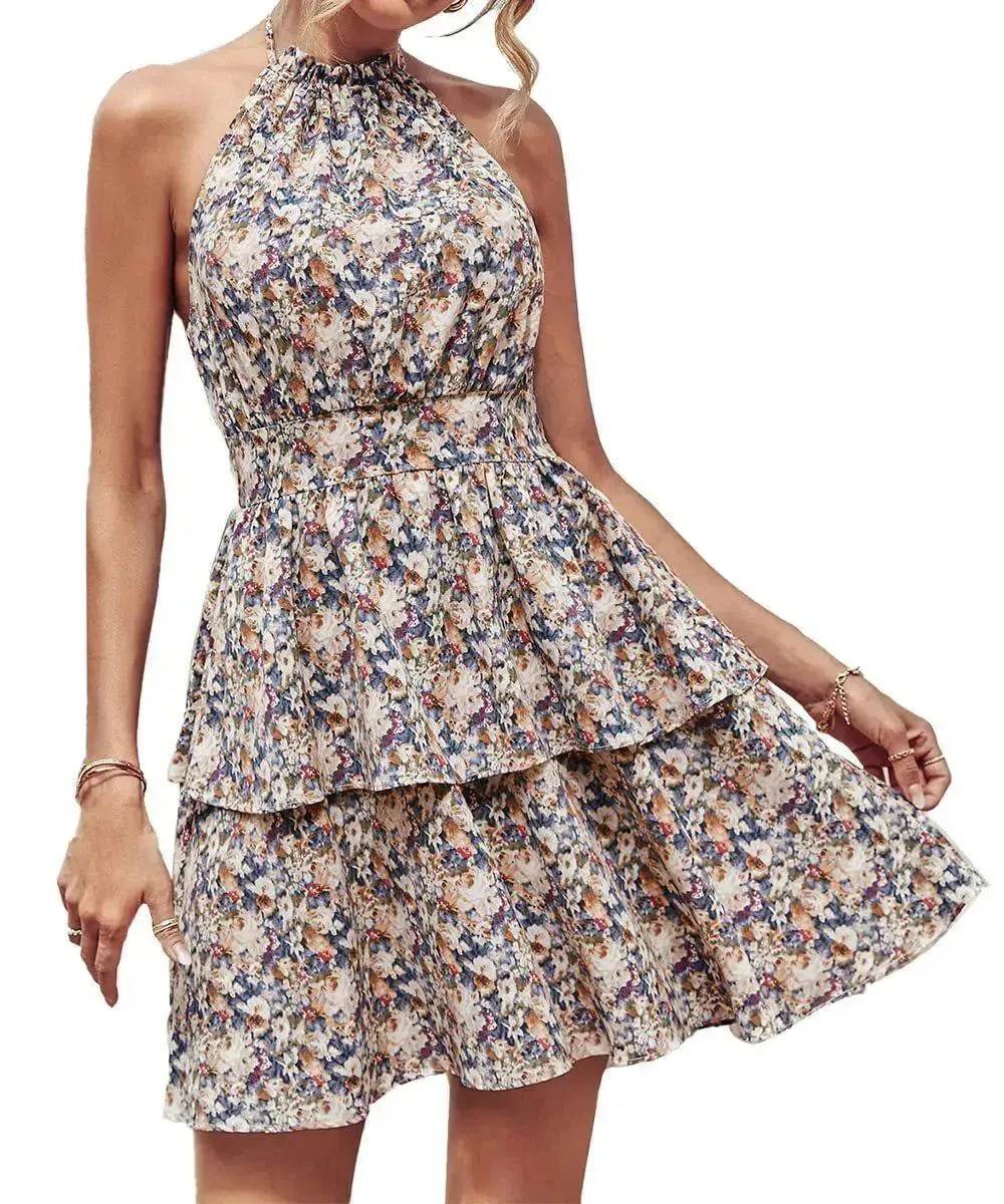 Summer Printed Halter Dress Fashion Boho Backless Ruffled A-Line Beach Dresses For Womens Clothing - EX-STOCK Canada