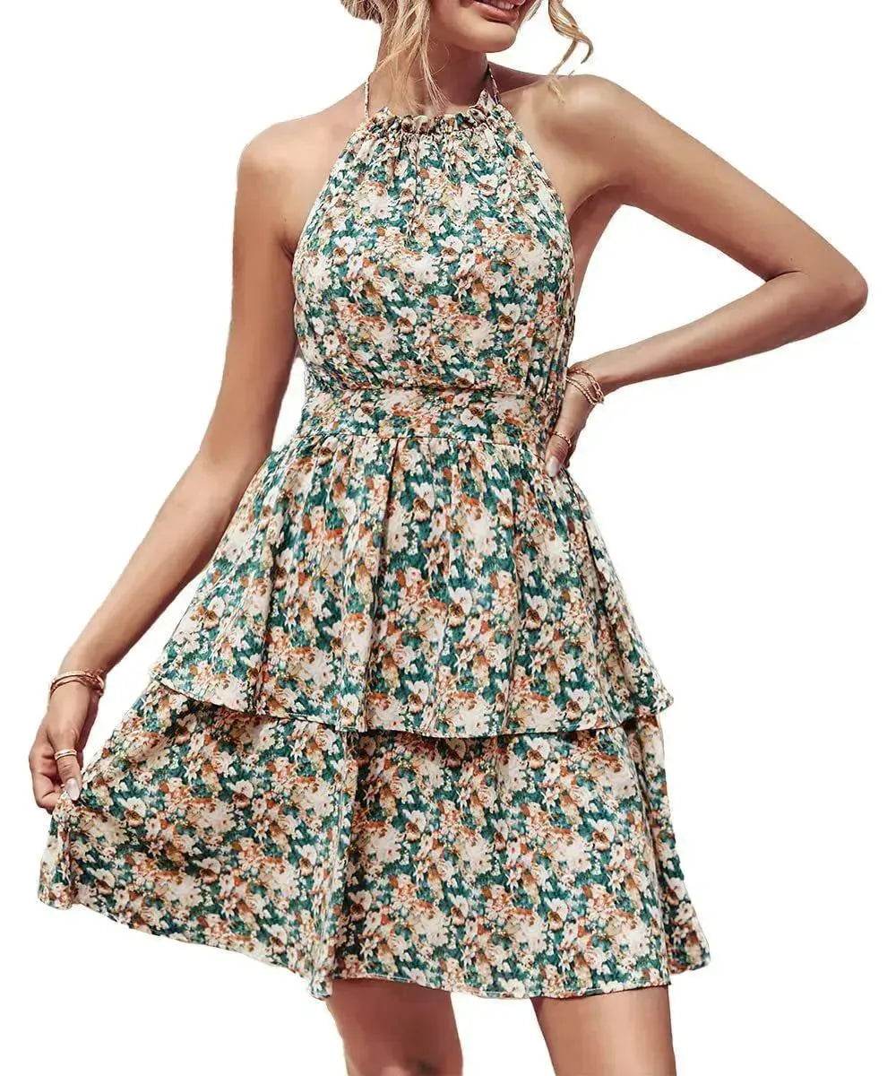 Summer Printed Halter Dress Fashion Boho Backless Ruffled A-Line Beach Dresses For Womens Clothing - EX-STOCK Canada
