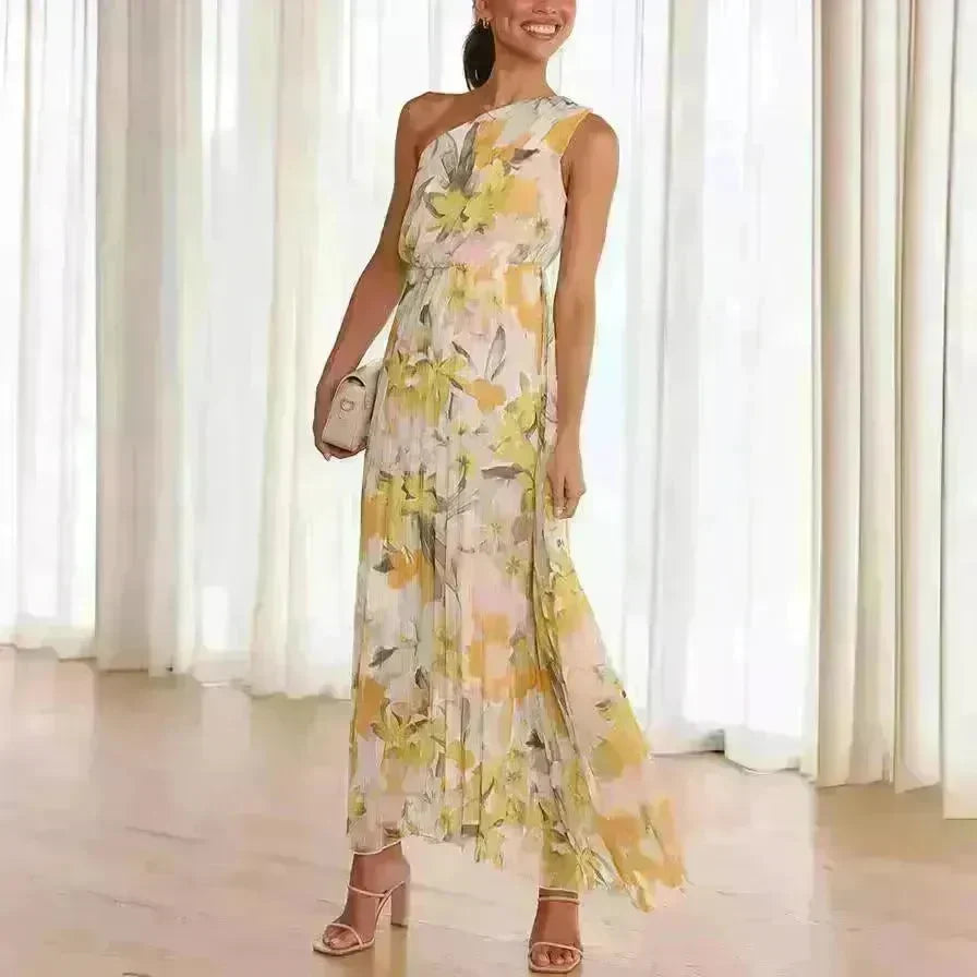 Summer Printed Oblique Shoulder Elastic Waist Vacation Floral Sleeveless Midi Dress - EX-STOCK CANADA