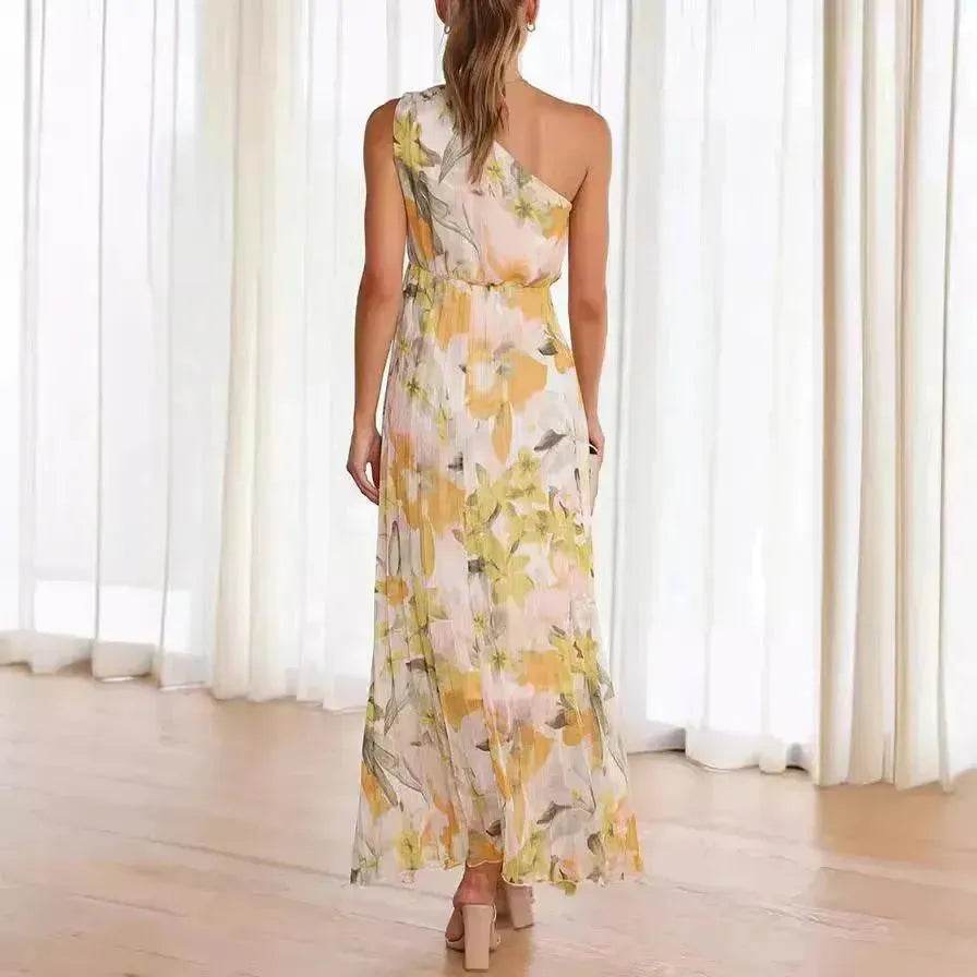 Summer Printed Oblique Shoulder Elastic Waist Vacation Floral Sleeveless Midi Dress - EX-STOCK Canada
