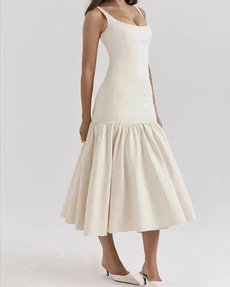 Summer Round Neck Sleeveless Solid Color Pleating Slim Fit Dress - EX-STOCK Canada