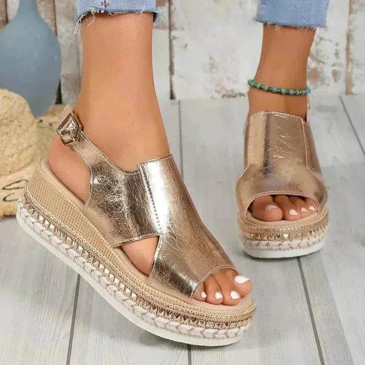 Summer Shiny Sandals Hollow Design Fish Mouth Sandal For Women Fashion Buckle Wedges Sandals - EX-STOCK Canada