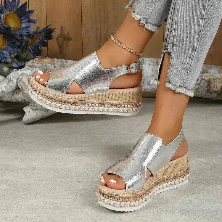 Summer Shiny Sandals Hollow Design Fish Mouth Sandal For Women Fashion Buckle Wedges Sandals - EX-STOCK Canada