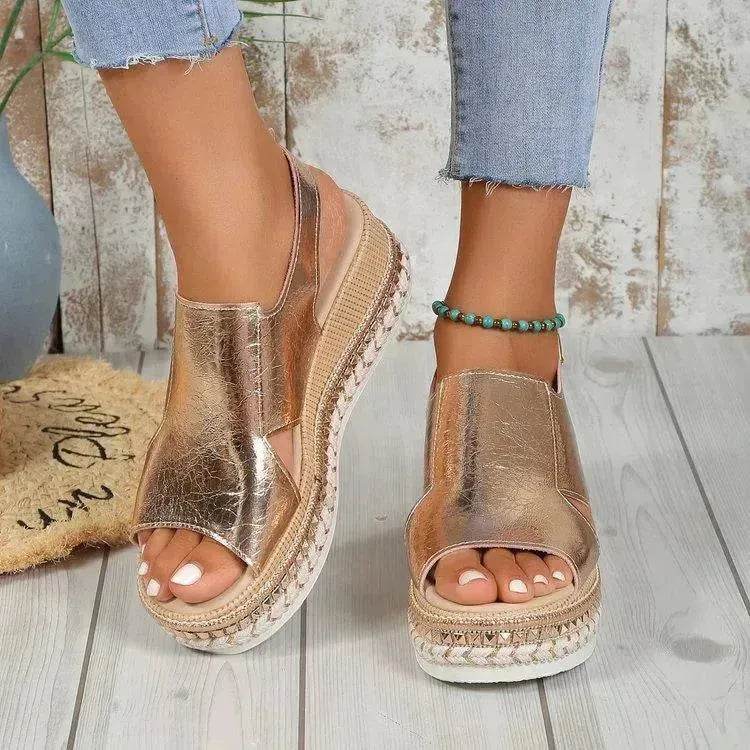 Summer Shiny Sandals Hollow Design Fish Mouth Sandal For Women Fashion Buckle Wedges Sandals - EX-STOCK Canada