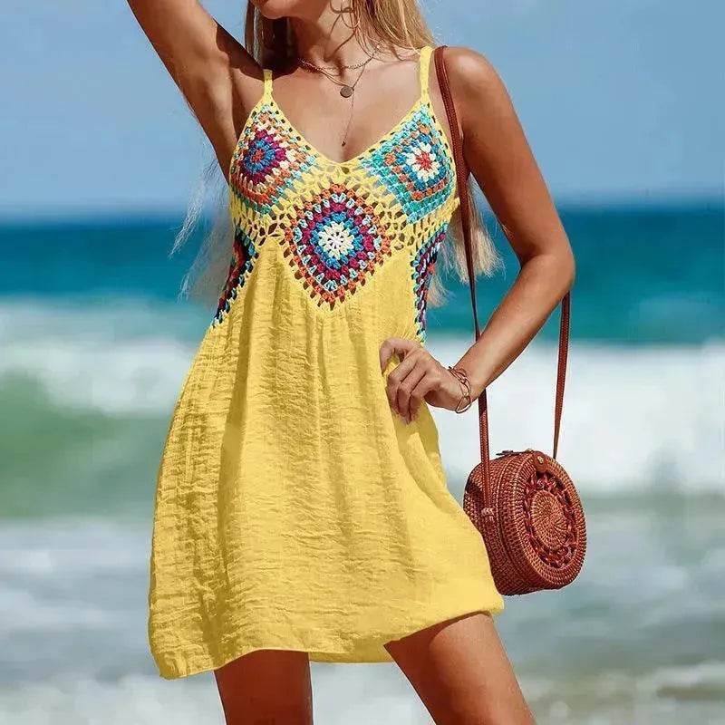 Summer Sleeveless Dress Bohemia Stitching Colorful Pattern V-neck Hollow Beach Dress - EX-STOCK Canada