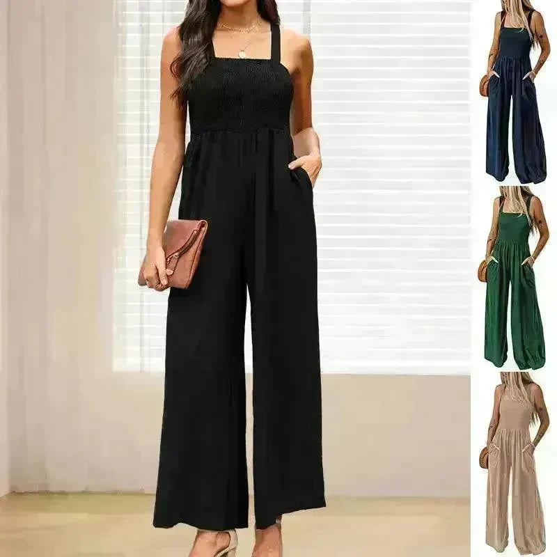 Summer Square Neck High Waist Jumpsuit Women's Backless Pleated Design Wide Leg Trousers Clothing - EX-STOCK CANADA