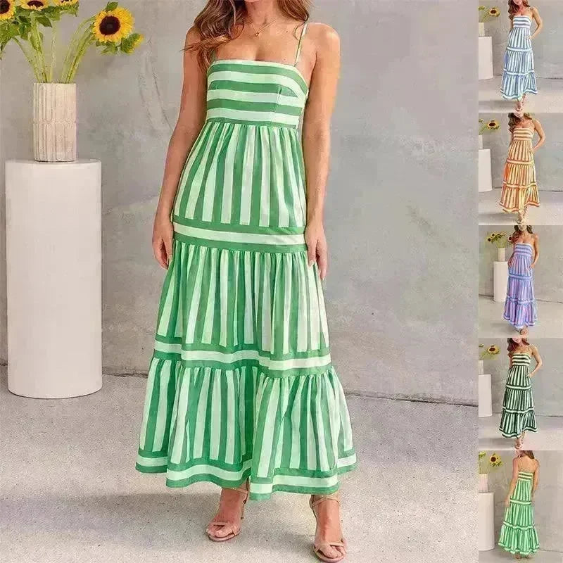 Summer Striped Printed Suspender Long Dress With Pockets Fashion Square Neck Backless Dresses For Beach Vacation Women Clothing - EX-STOCK CANADA