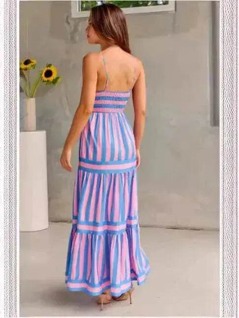 Summer Striped Printed Suspender Long Dress With Pockets Fashion Square Neck Backless Dresses For Beach Vacation Women Clothing - EX-STOCK Canada