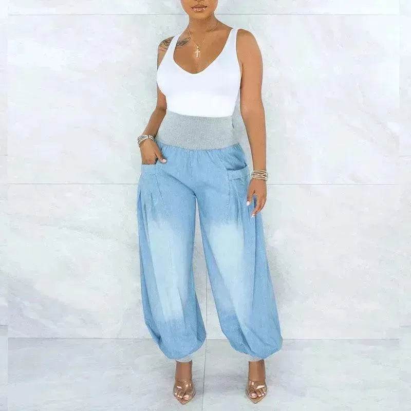 Summer Thin Loose Wide-leg Pants Harem Pants Elastic Waist Denim Trousers Women - EX-STOCK Canada