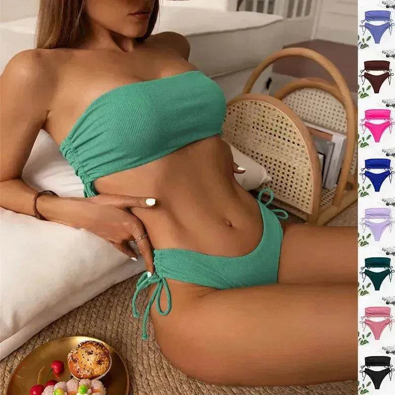 Summer Tube Bikini With Drawstring Design Solid Color Charming Swimsuit For Beach Party Womens Clothing - EX-STOCK Canada