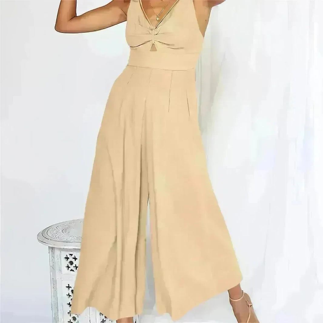 Summer V-neck Brace Hollow Out Pleating High Waist Wide Leg Pocket Women's Jumpsuit - EX-STOCK CANADA