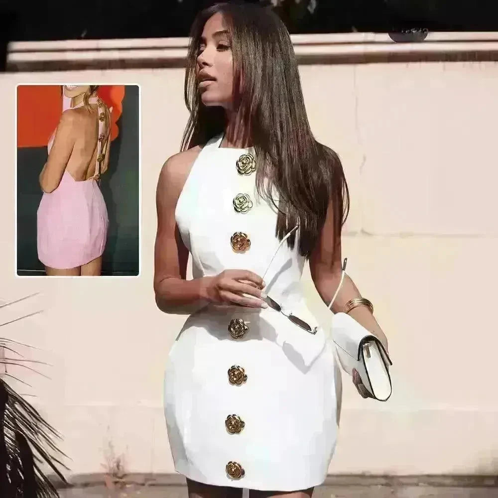 Sweet Sleeveless Backless Dress With Rose Button Design Summer Street Fashion Mini Dresses Women - EX-STOCK CANADA