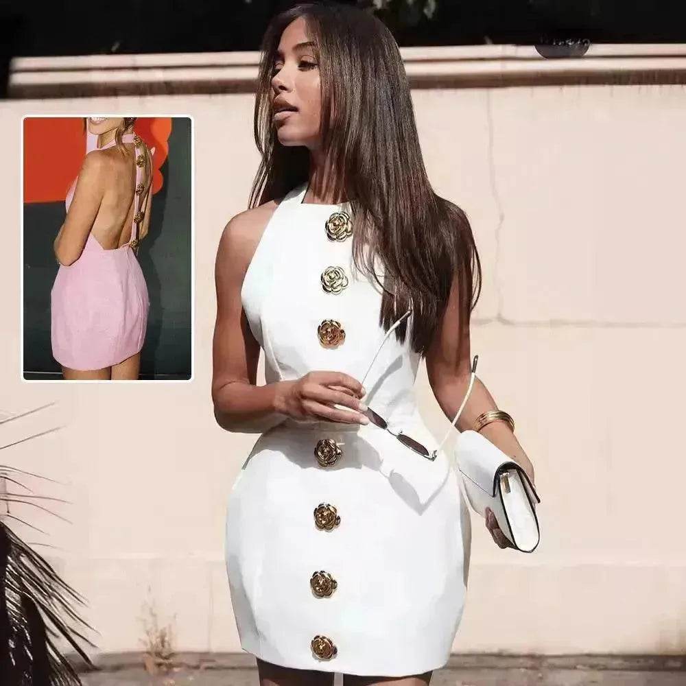 Sweet Sleeveless Backless Dress With Rose Button Design Summer Street Fashion Mini Dresses Women - EX-STOCK Canada