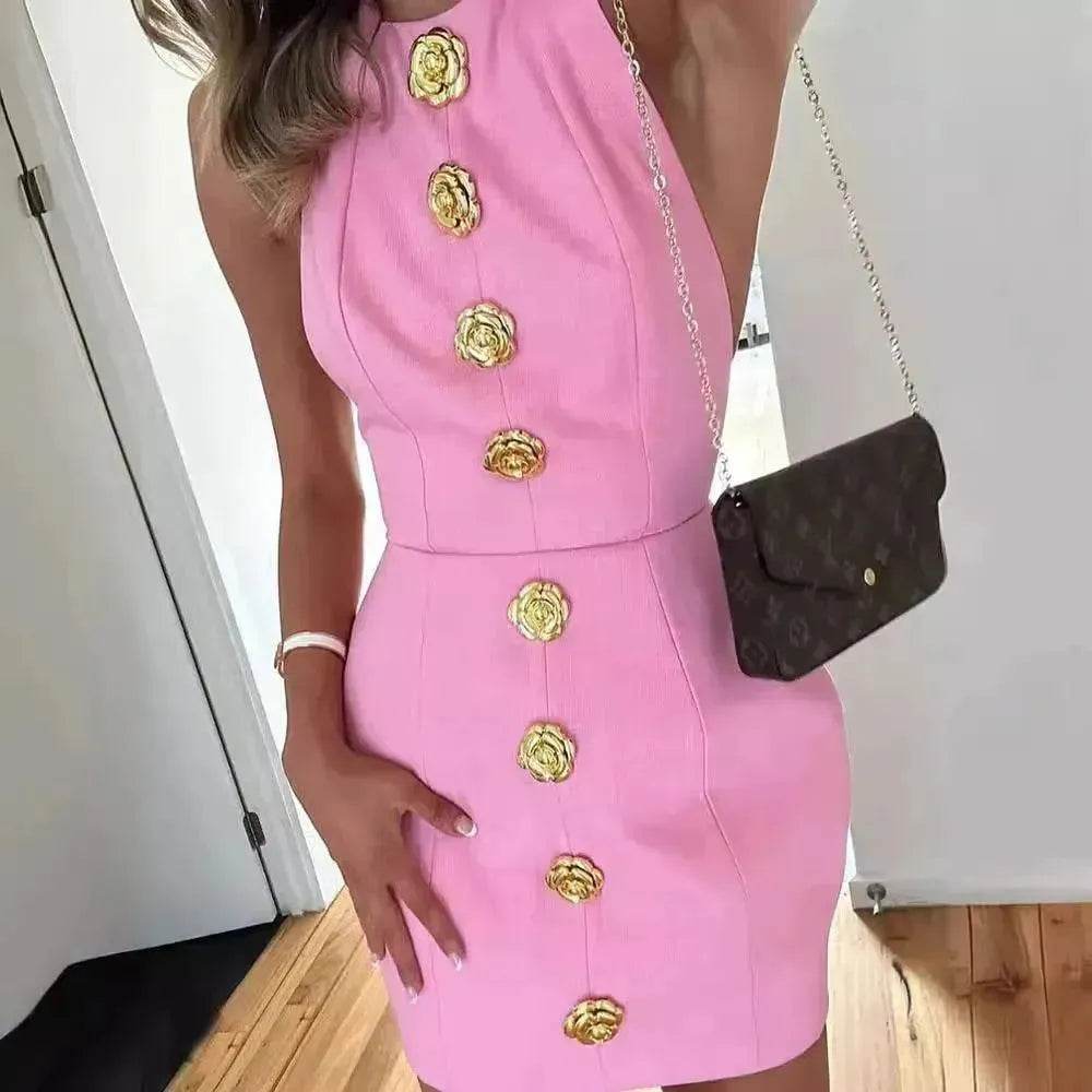 Sweet Sleeveless Backless Dress With Rose Button Design Summer Street Fashion Mini Dresses Women - EX-STOCK Canada