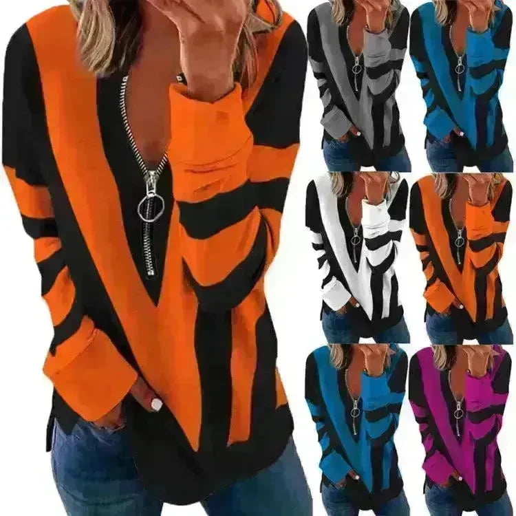 Temperament Chest Zipper V Printed Long Sleeve T-shirt - EX-STOCK CANADA