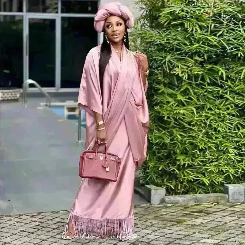 V-neck Loose Casual Two-piece Turkish Middle Eastern Robe Satin Dress - EX-STOCK CANADA