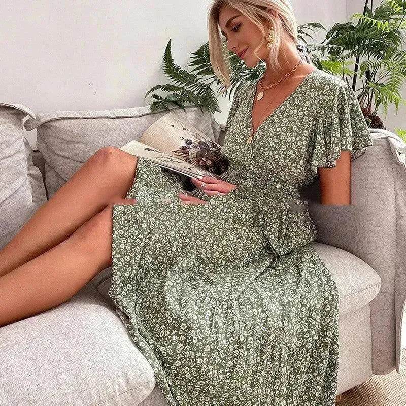 V-neck Lotus Leaf Sleeve Floral Split Dress - EX-STOCK Canada