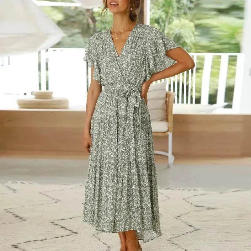 V-neck Lotus Leaf Sleeve Floral Split Dress - EX-STOCK Canada