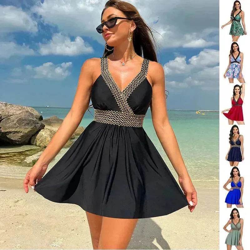 V-neck Printed Swimsuit Dress Summer Beach Vacation Bikini Fashion Womens Clothing - EX-STOCK Canada